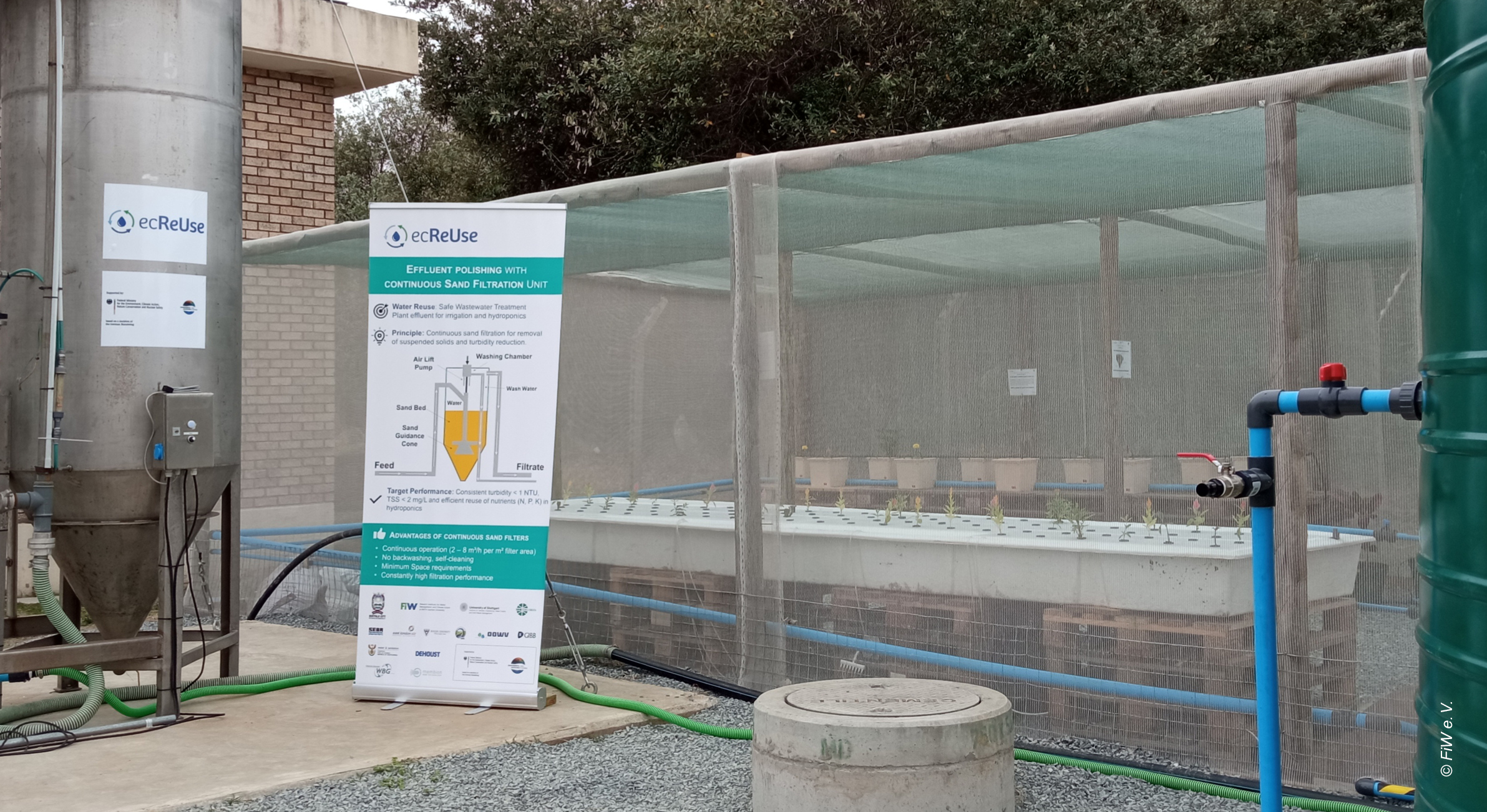 Continuous sand filter pilot plant used for polishing wastewater treatment plant effluent, enabling water reuse in a hydroponic system. © FiW e. V.